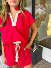 Load image into Gallery viewer, Holland Short Sleeve Split V-Neck Short Set-Red/White