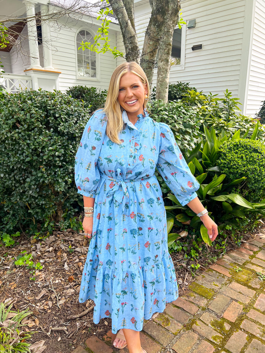 maxine midi dress Maxine Bow Detail Smocked Waist Floral Midi Dress in Blue