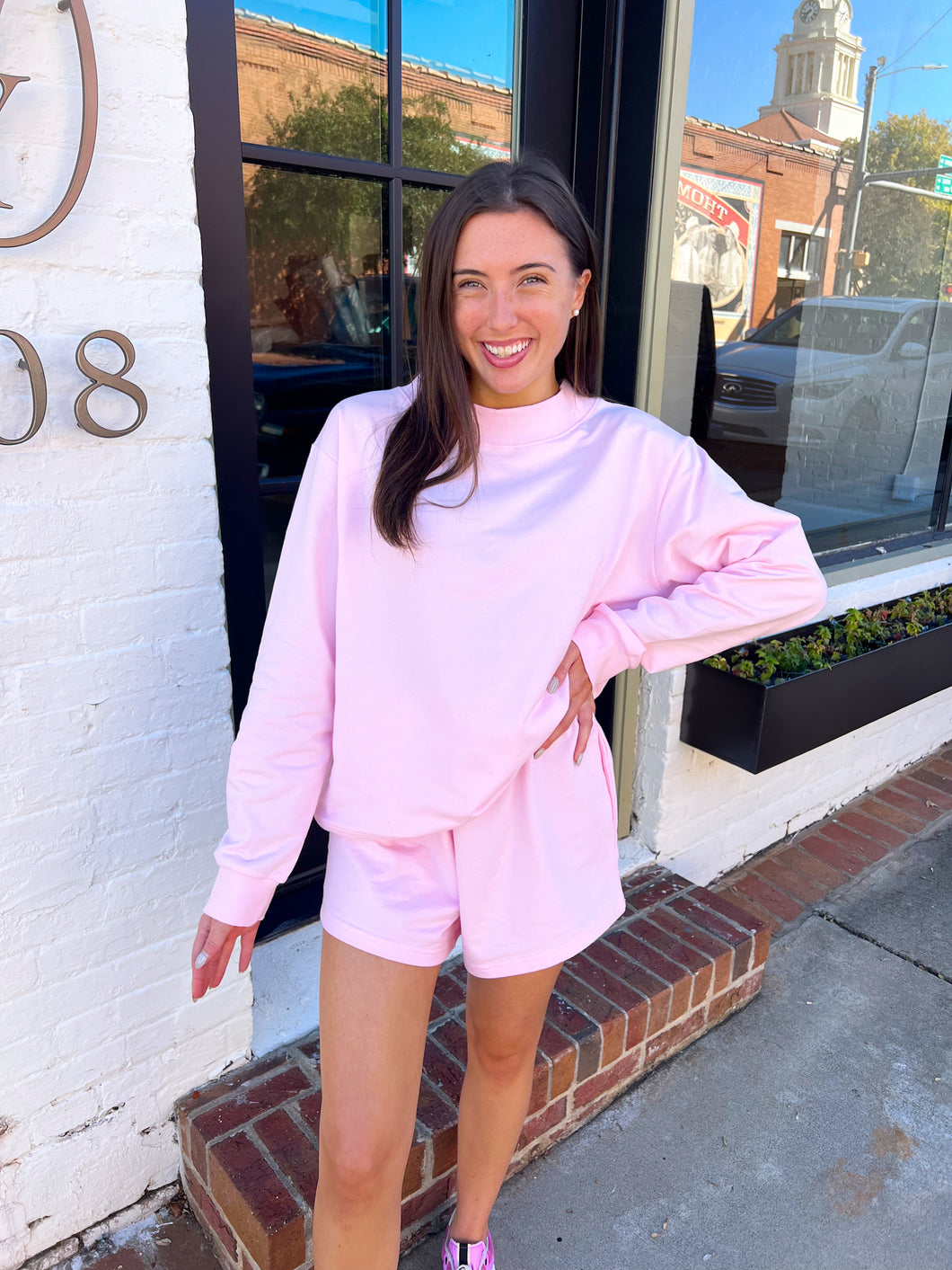 Weslyn Mock Neck Sweatshirt Short Set - Light Pink