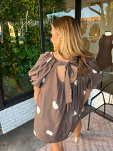 Load image into Gallery viewer, Blakely Polka Dot Bubble Sleeve Mini Dress- Brown
