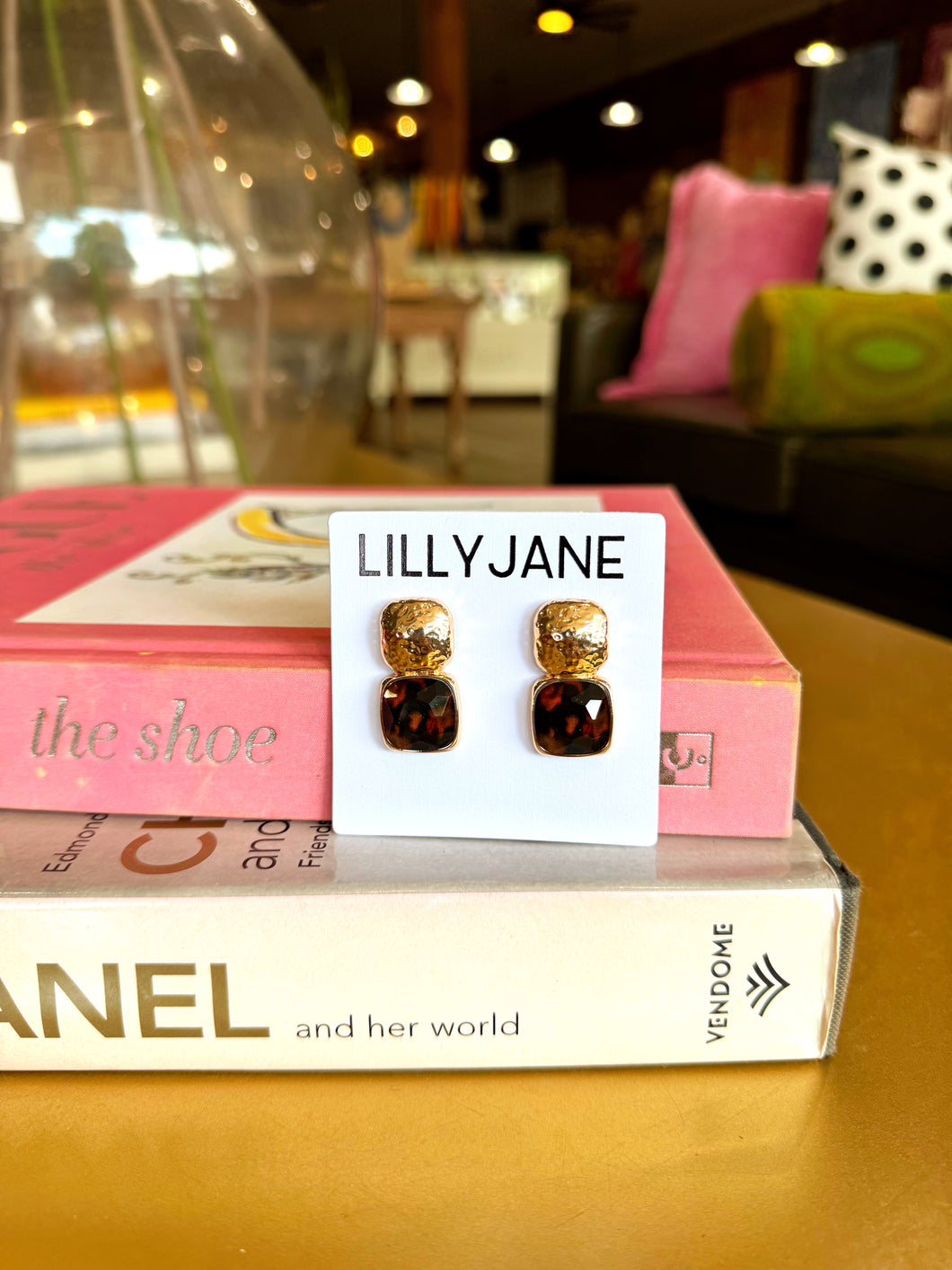 Gold Square Studded Stone Earrings- Tortoise