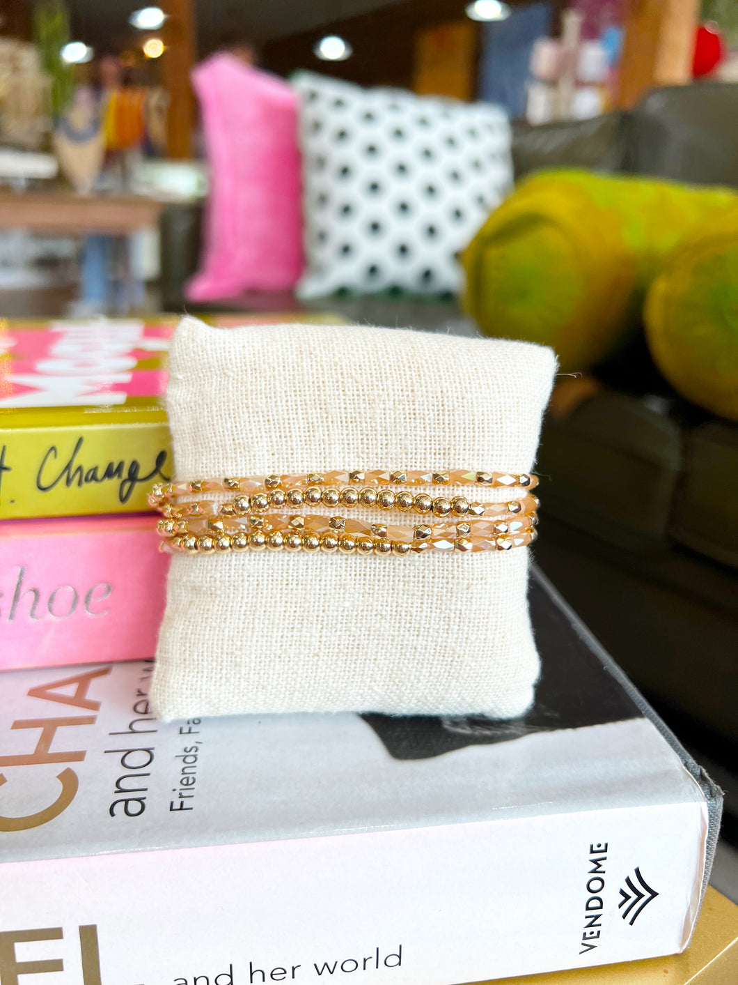 Dainty Gold 4 Layer Beaded Bracelet Set - Light Brown
