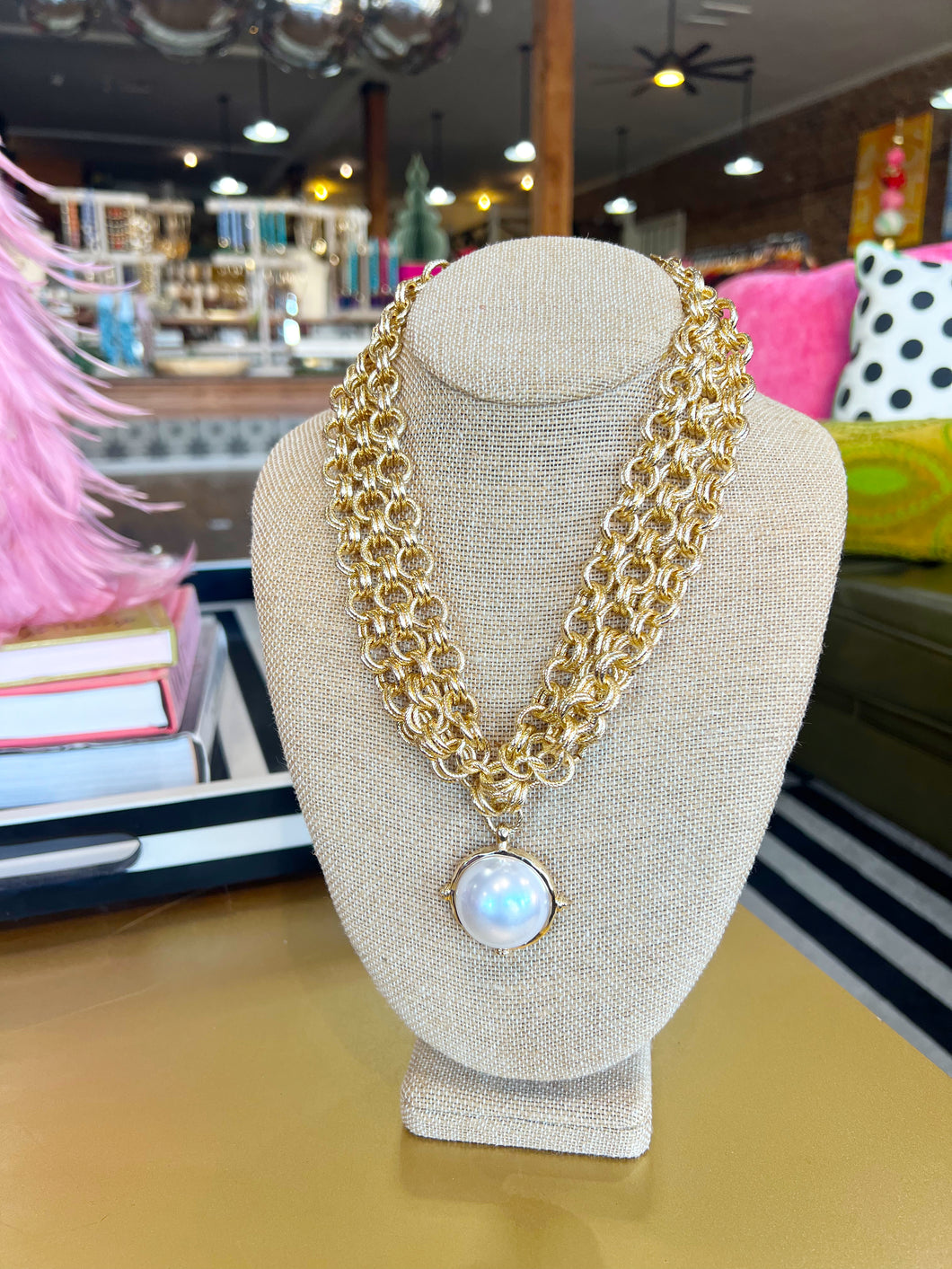 Gold Chunky Pearl Layered Chain Necklace