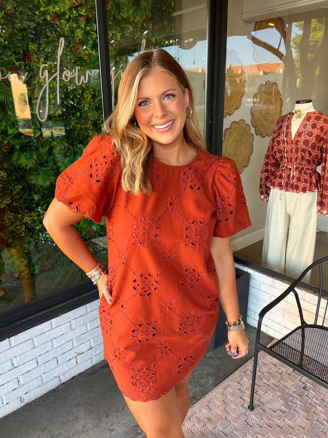 Laurel Eyelet Embroidered Mini Dress- Burnt Orange