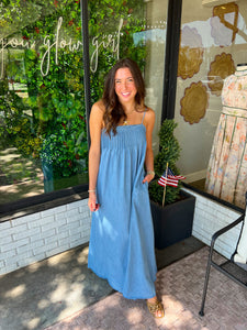 Serena Pleated Flowy Maxi Dress- Denim