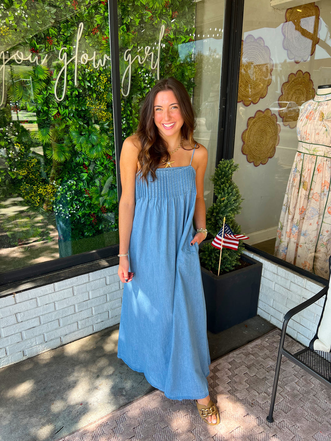 Serena Pleated Flowy Maxi Dress- Denim Lilly Jane Serena Pleated Flowy Maxi Dress- Denim Lilly Jane