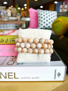 Textured Beaded Ball Bracelet Set- Beige