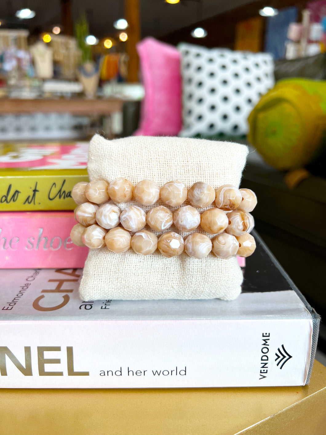 Textured Beaded Ball Bracelet Set- Beige