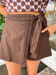 Darcie Braided Wrap Mini Skort- Brown