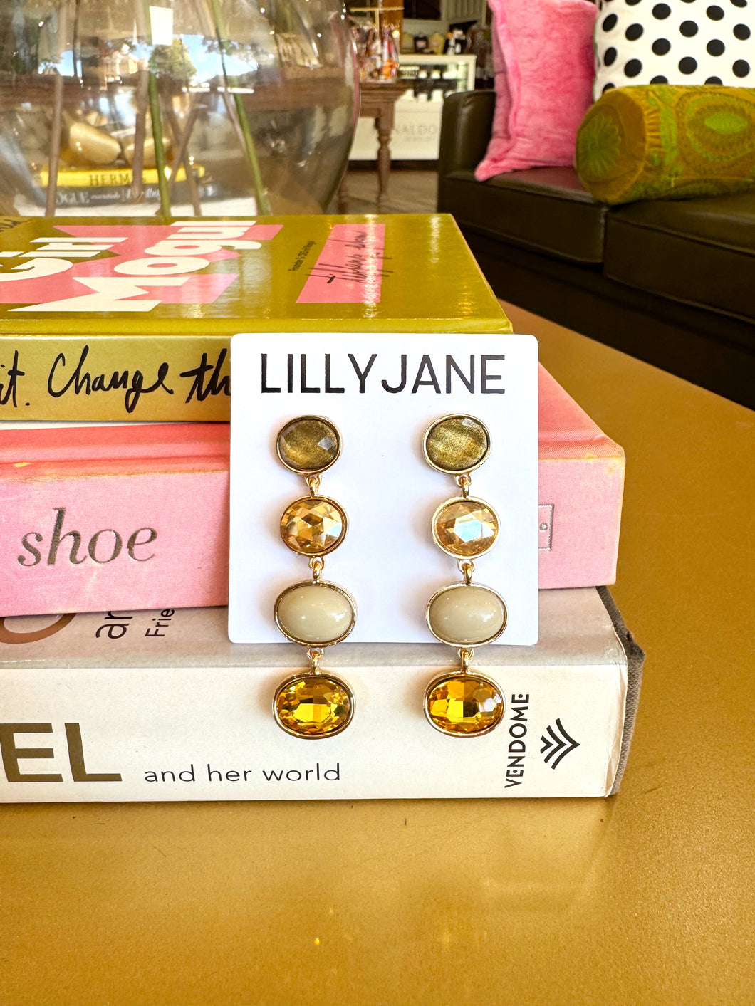 Gold Linear Stone Dangle Earrings - Olive Multi