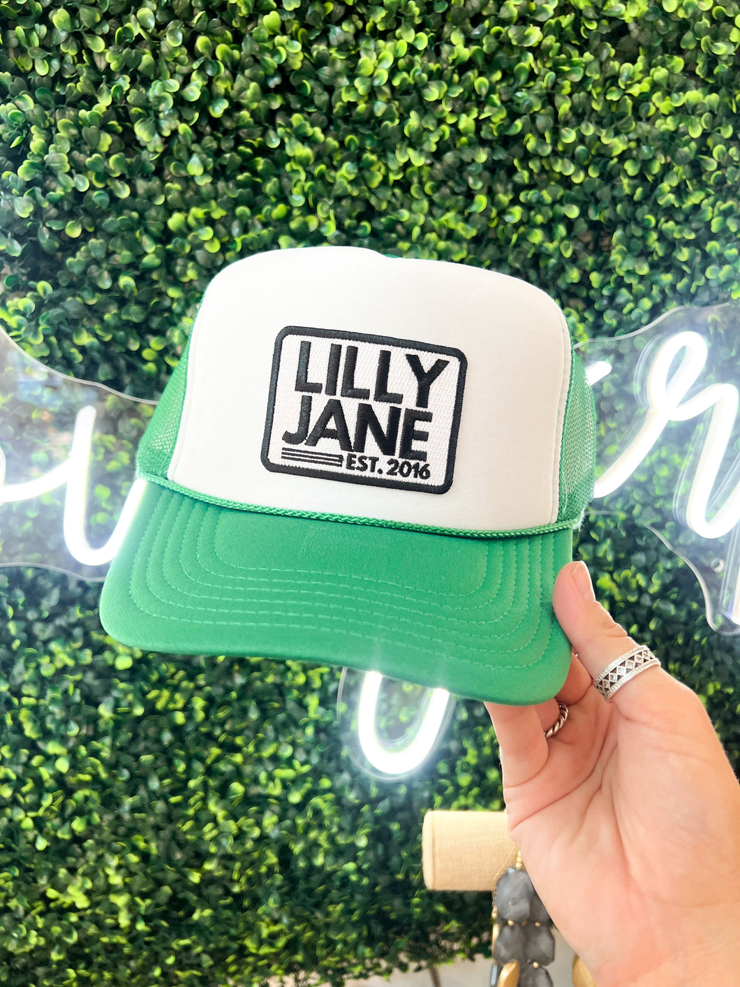 Lilly Jane Vintage Logo Trucker Hat- Kelly Green/White