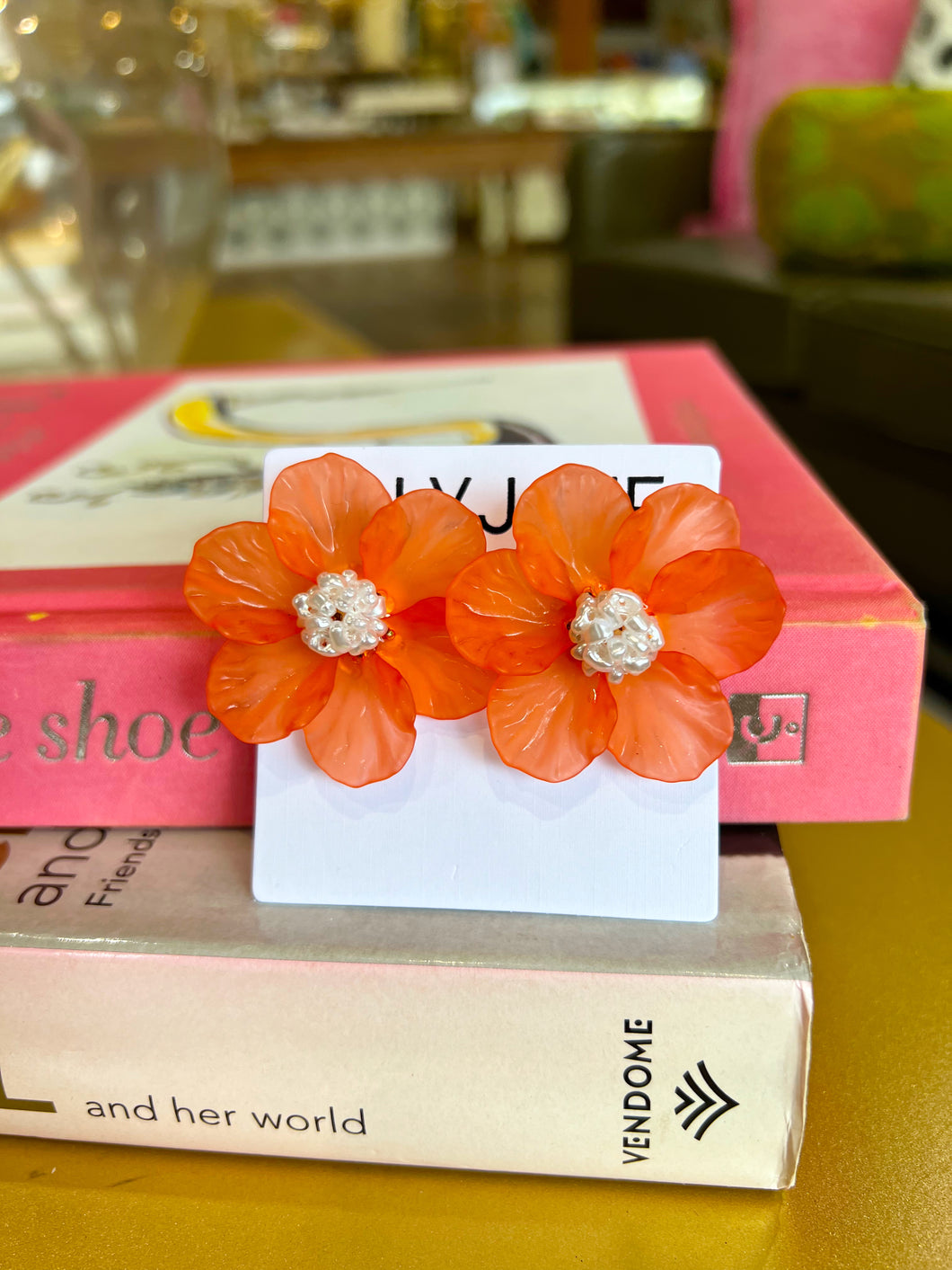 Acrylic Flower Pearl Earrings- Orange