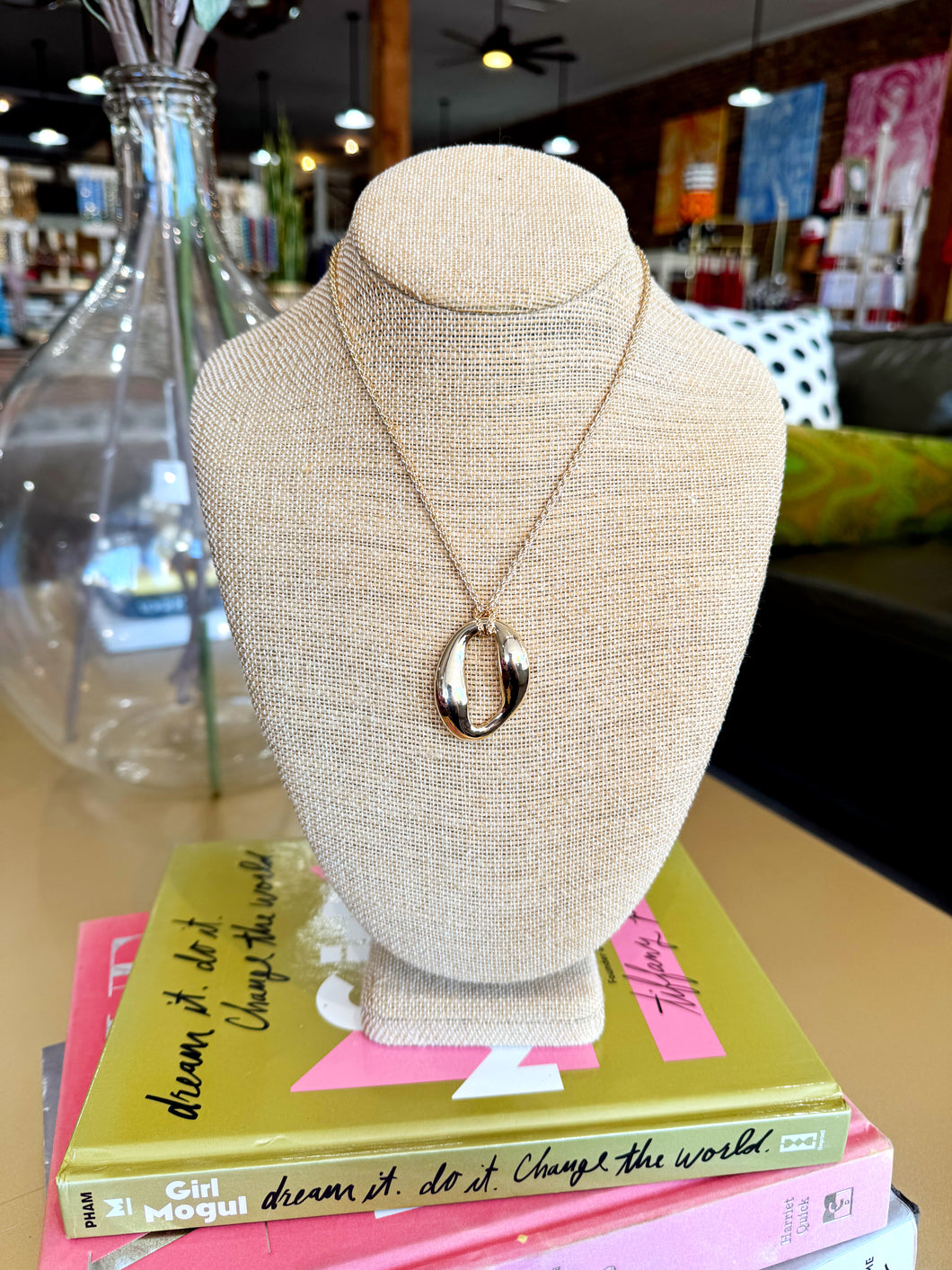 Gold Organic Oval Pendant Necklace