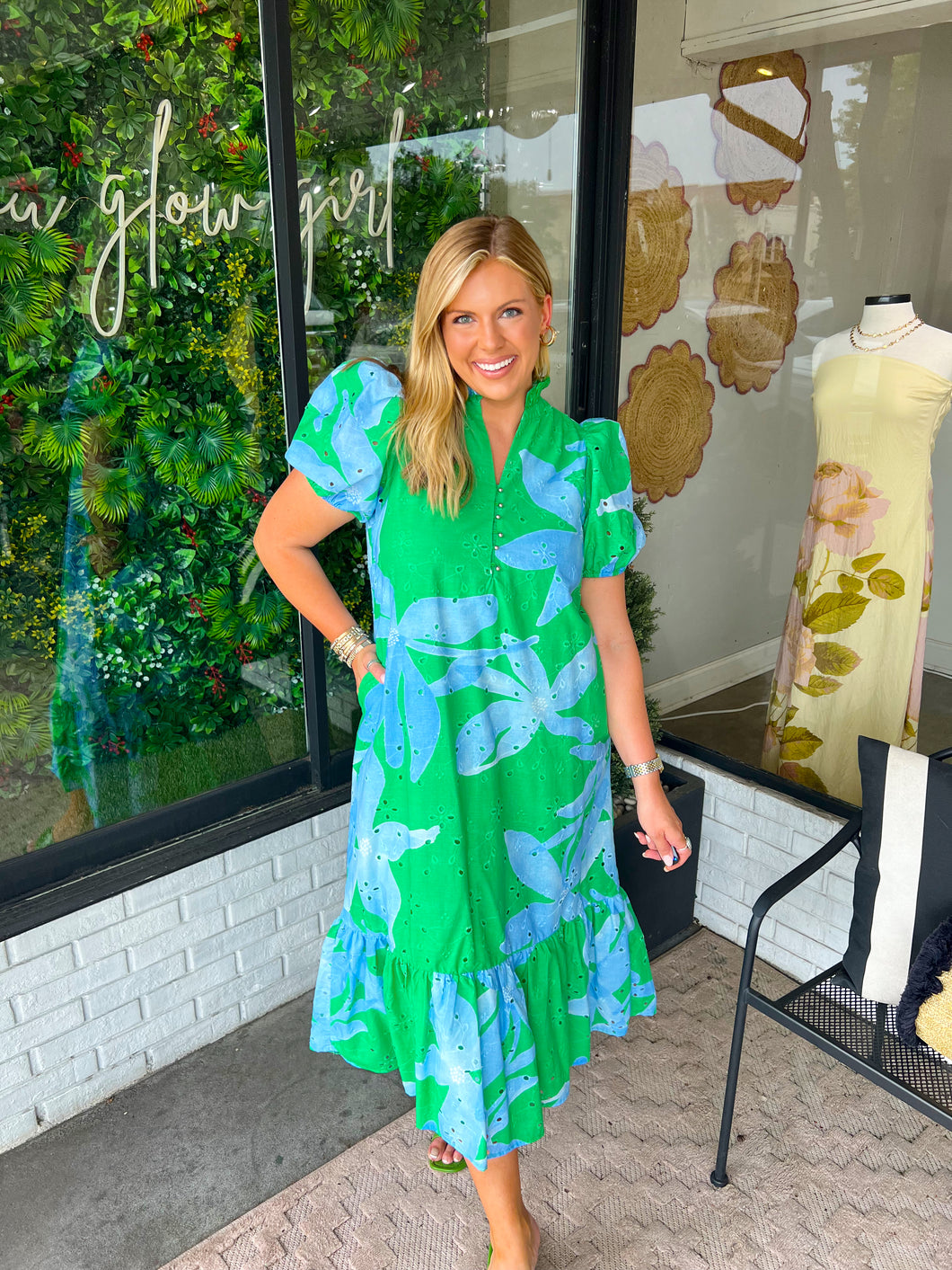 Greer Botanical Eyelet Embroidered Midi Dress- Green/Blue – Lilly Jane