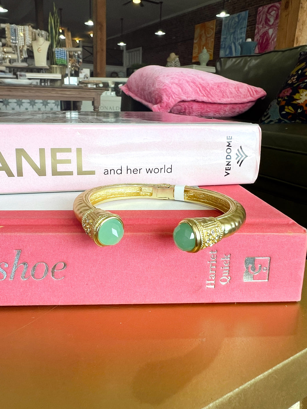 Gold Hammered Bracelet Cuff- Jade