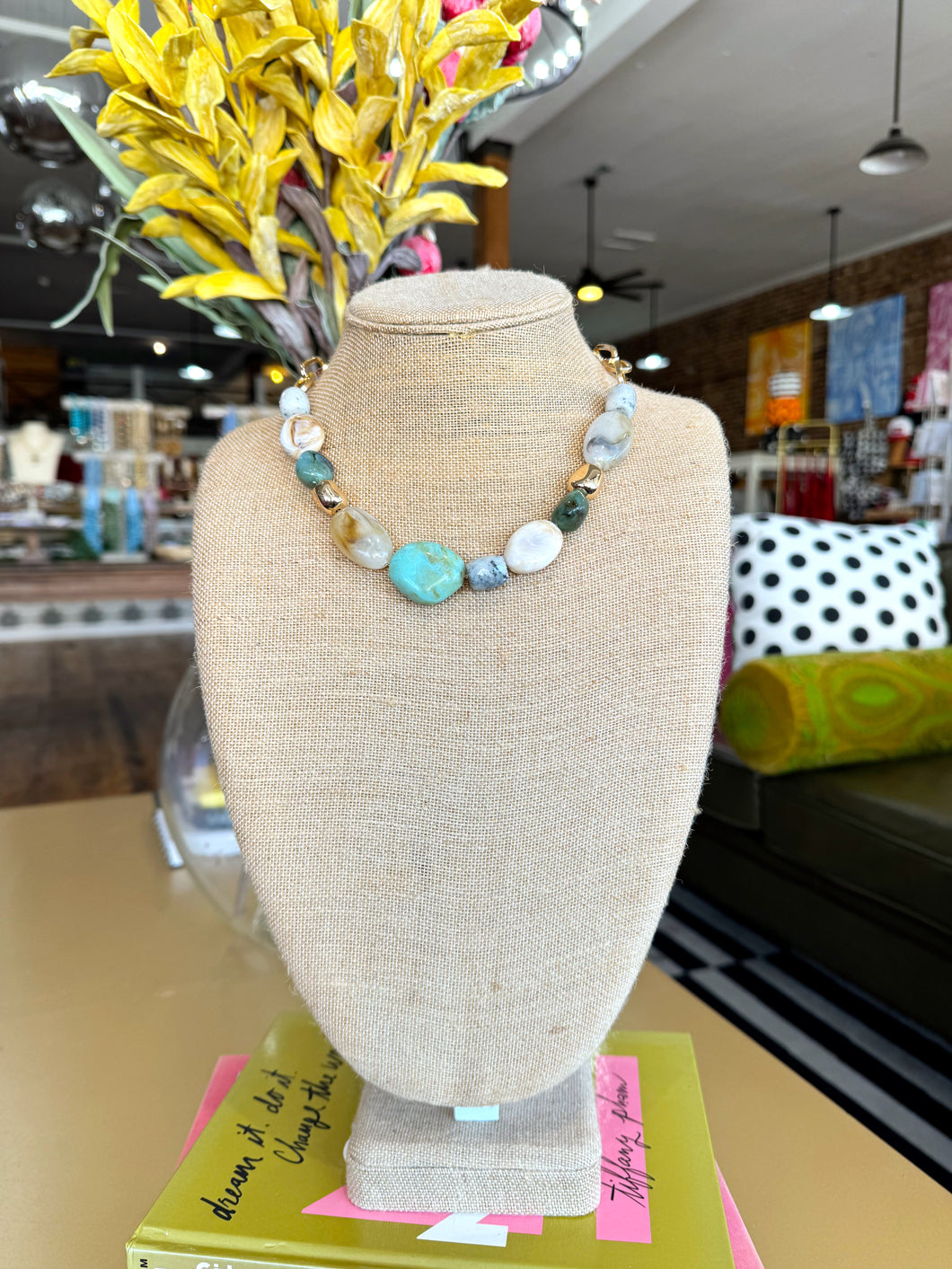 Multi Shaped Stone Bead Necklace - Jade/Gold