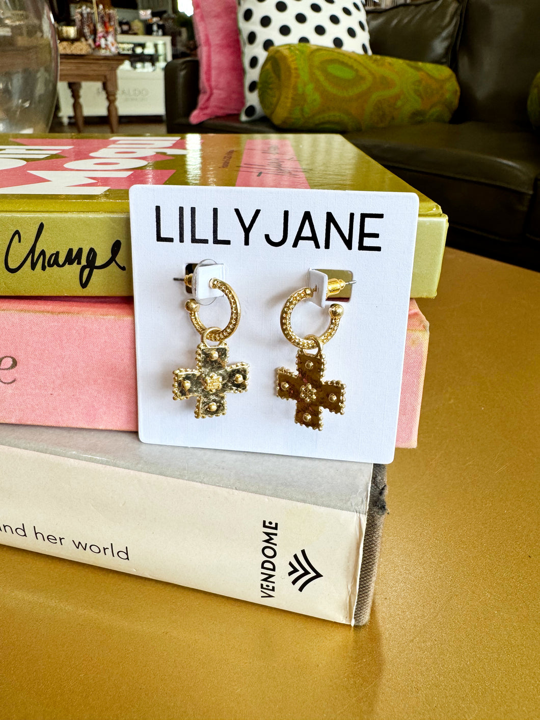 Gold Textured Cross Dangle Hoops