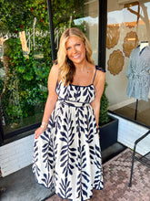 Load image into Gallery viewer, Birdie Botanical Print Ruched Midi Dress- Navy
