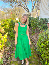 Load image into Gallery viewer, Arie Sleeveless Eylet Button Up Midi Dress- Kelly Green
