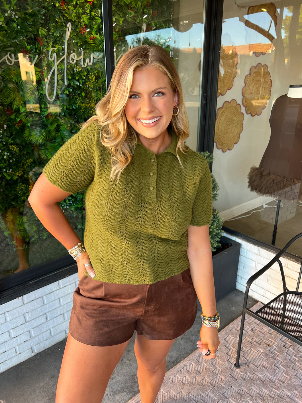 Melissa Textured Knit Sweater Top- Olive Green