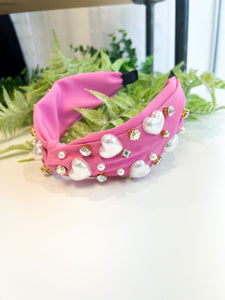 Crystal & Pearl Heart Studded Headband- Pink