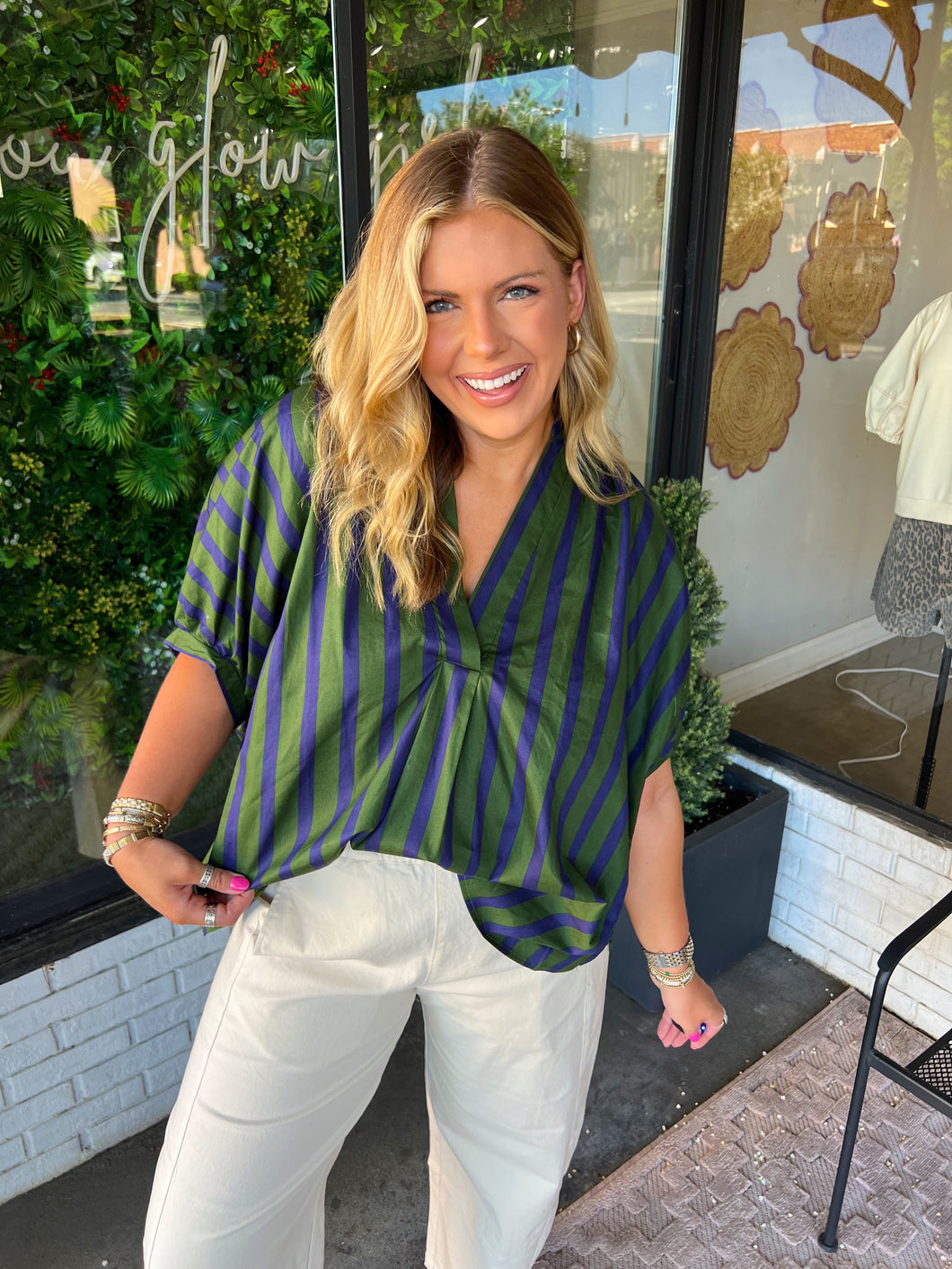 Hollis Striped V-Neck Oversized Blouse -Olive/Blue