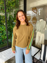 Load image into Gallery viewer, Everett Rainbow Stripe Sleeve Sweatshirt - Olive
