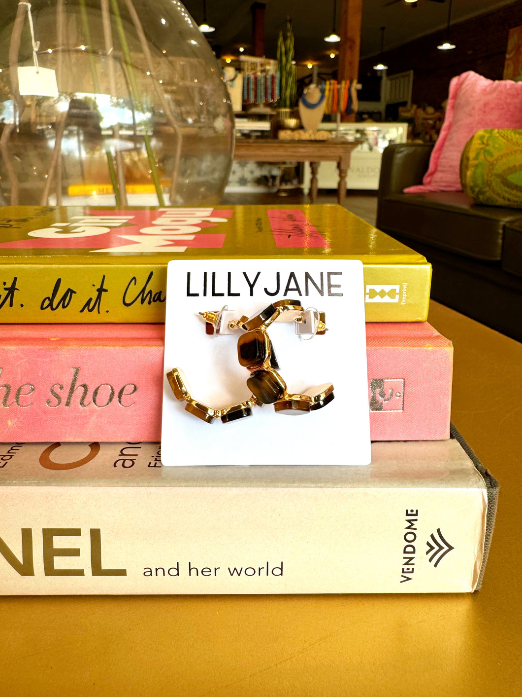 Gold Square Studded Hoops - Tortoise