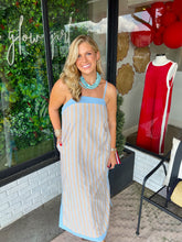Load image into Gallery viewer, Britton Stripe Flowy Midi Dress- Light Blue/Tan
