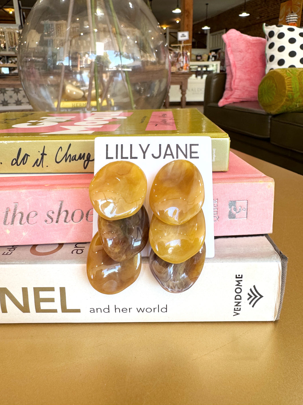 Acrylic Oval Overlap Dangle Earrings - Brown