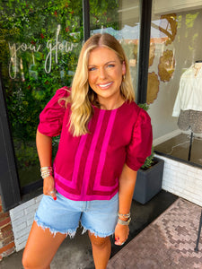 Maisie Color Block Striped Linen Top- Burgundy