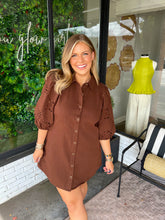 Load image into Gallery viewer, Shay Embroidered Button Up Mini Dress- Brown
