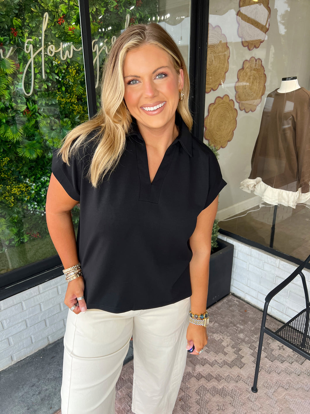 Claire Luxe Soft Collared Top- Black