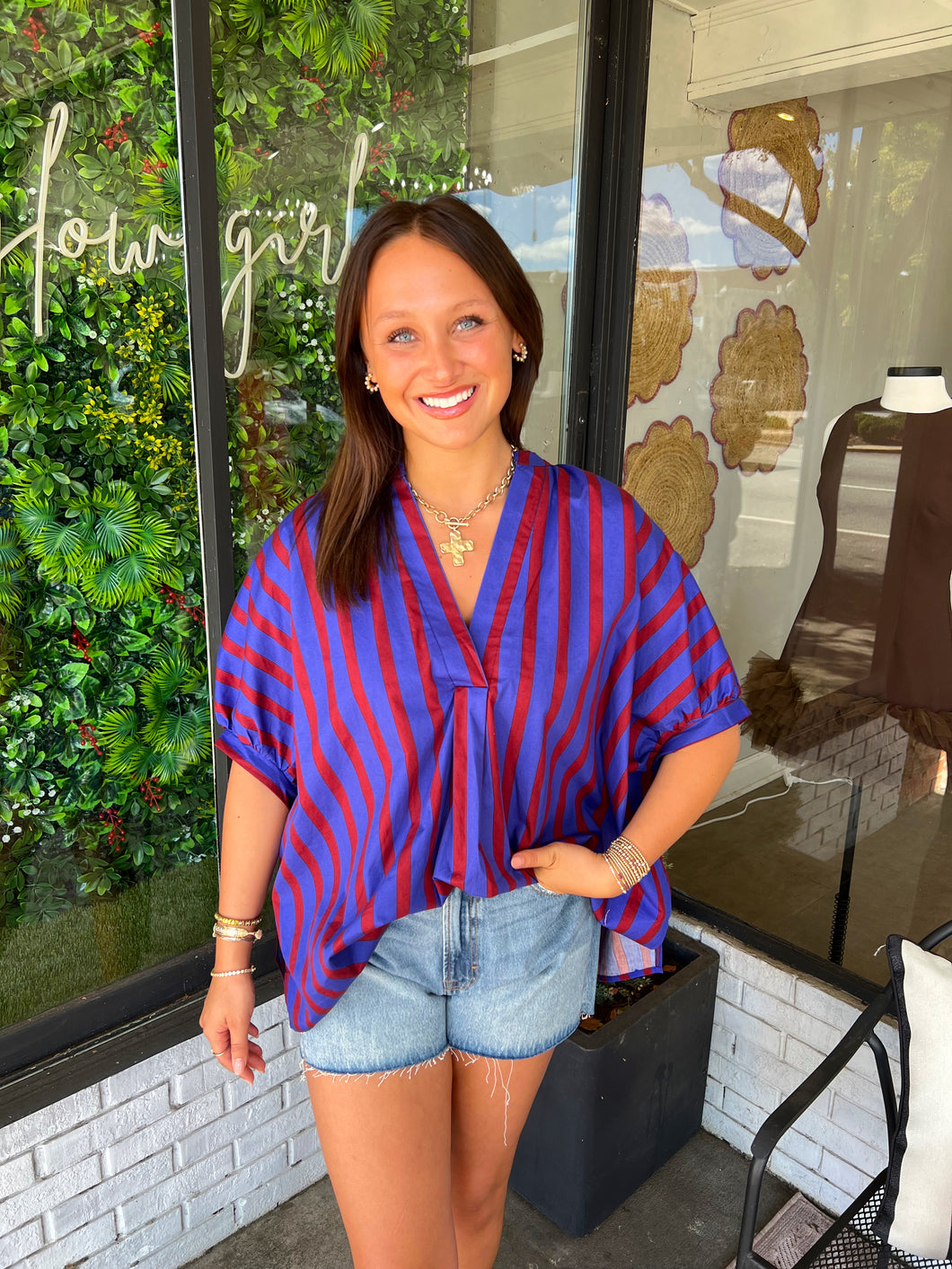 Hollis Striped V-Neck Oversized Blouse -Maroon/Blue