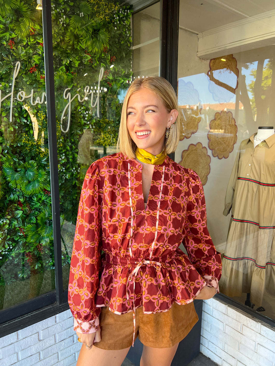Beck Floral Chainlink Printed Peplum Top- Burgundy