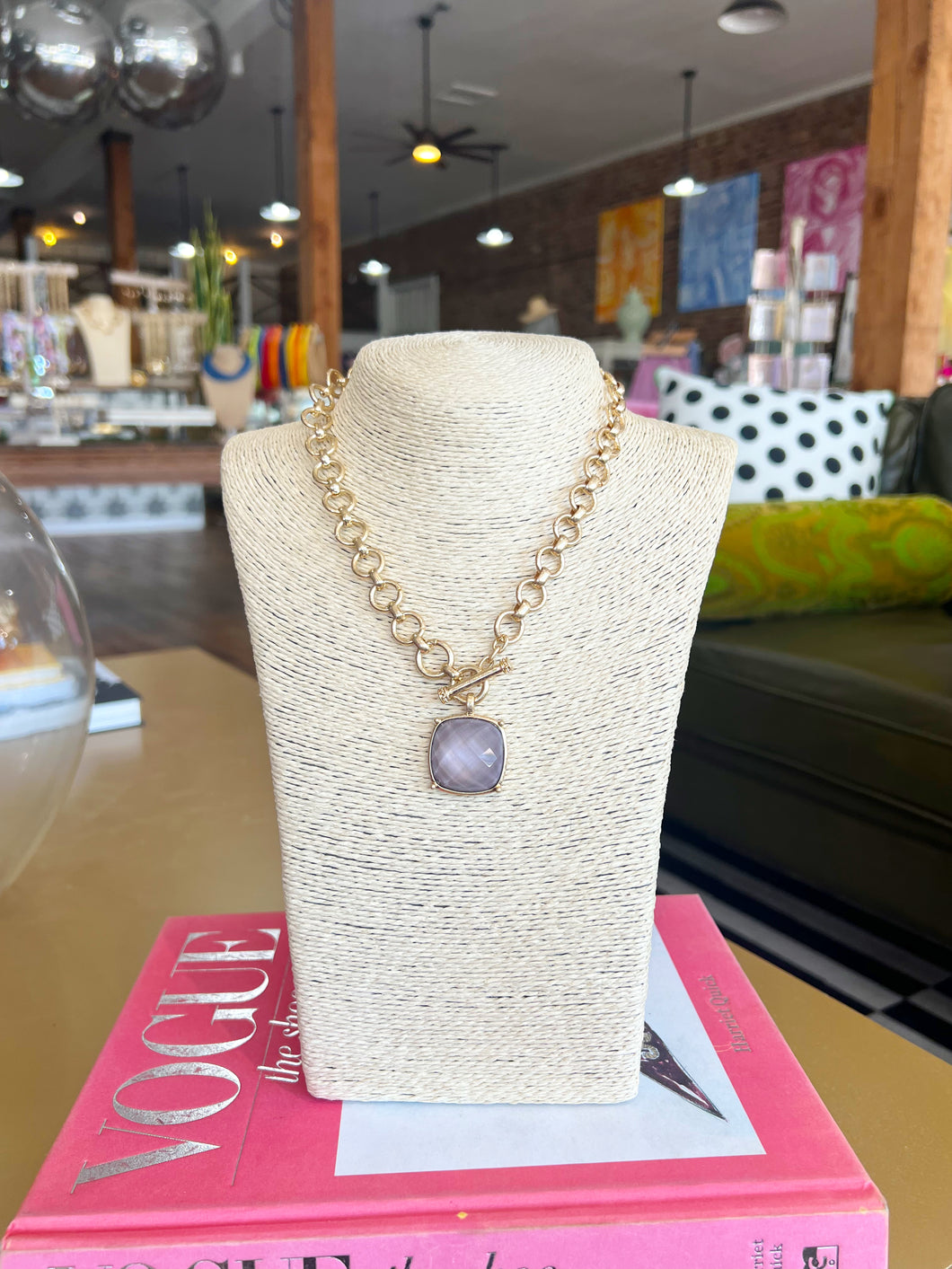Gold Color Stone Accent Necklace-Grey