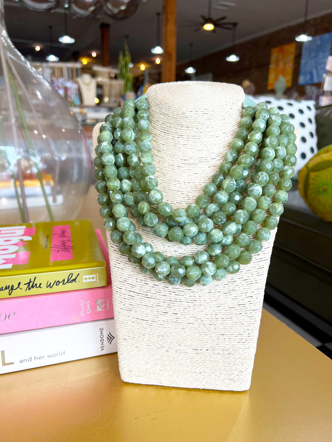 Chunky Beaded Layer Magnetic Necklace - Olive Green