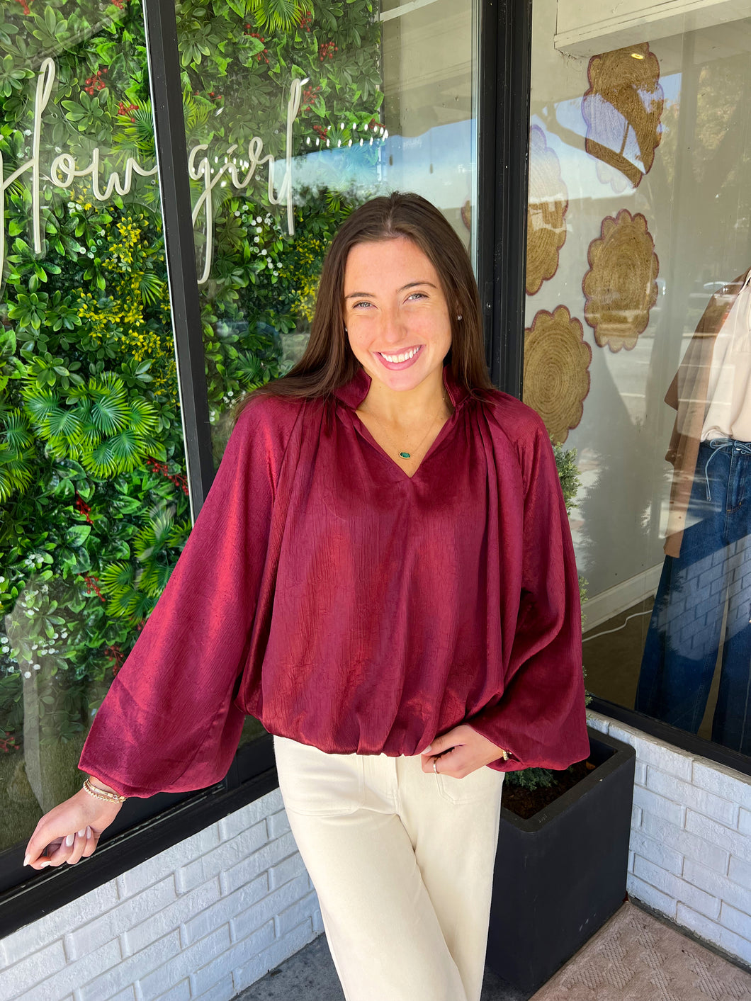 Ashby Balloon Sleeve Sheen Top - Maroon