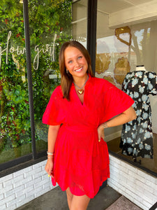 Sofia V-Neck Embroidered Mini Dress- Red