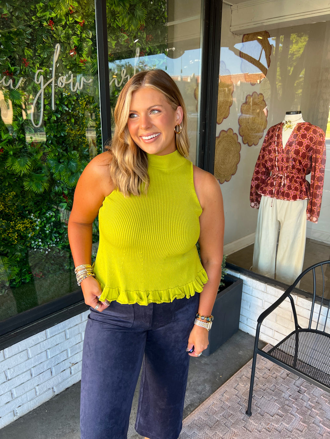 Bailey Sleeveless Ruffle Tank Top - Lime