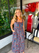 Load image into Gallery viewer, Francis Botanical Sleeveless Button Up Midi Dress- Orange/Navy

