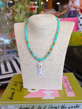 Load image into Gallery viewer, Rondelle Beaded Fish Pendant Necklace -Turquoise/Cream
