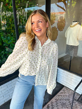 Load image into Gallery viewer, Ashlee Polka Dot Button Up Top- White/Green

