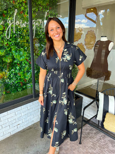 Greer Floral Zip Midi Dress - Black