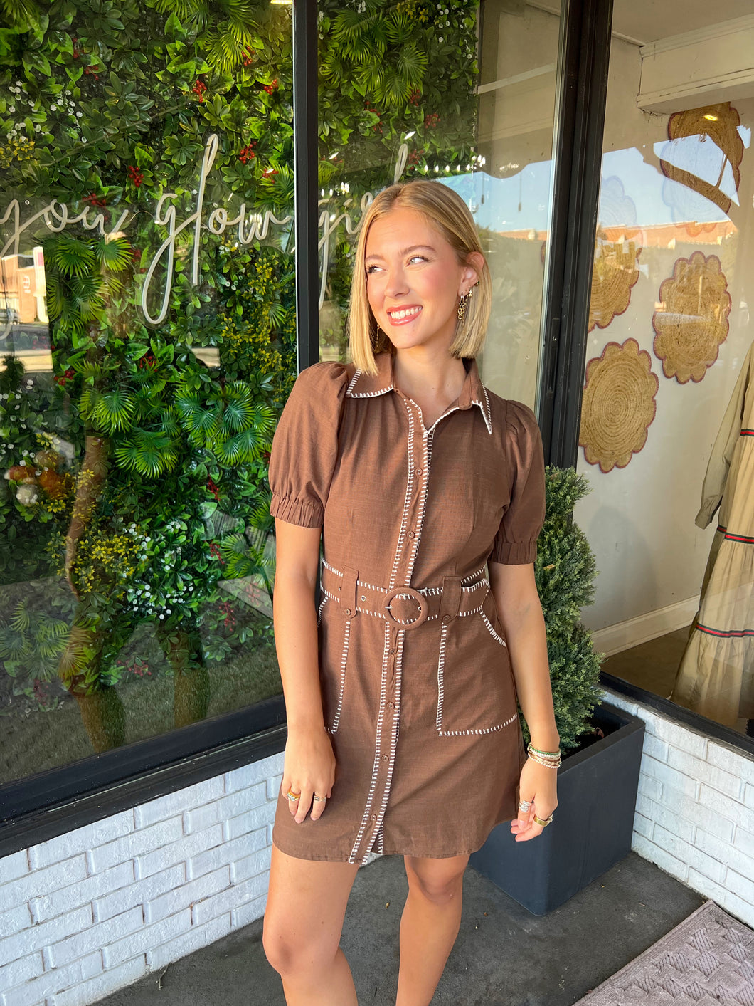 Andie Button Up Stitched Mini Dress- Brown