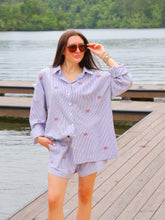 Load image into Gallery viewer, Sallie Stripe Embroidered Flag Button Up Top- Blue
