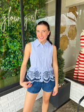 Load image into Gallery viewer, Clarke Button Up Stripe Embroidered Peplum Top- Blue
