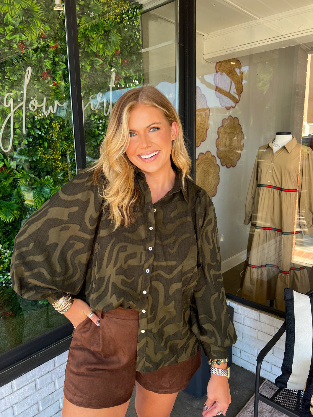 Cairo Textured Printed Button Up Blouse- Hunter Green