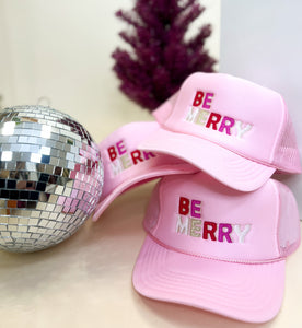 Be Merry Embroidered Trucker Hat- Light Pink