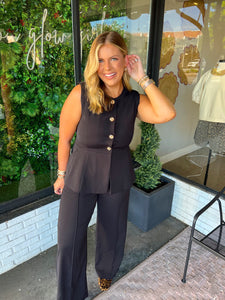 Rebecca Tailored Button Up Pant Set- Black